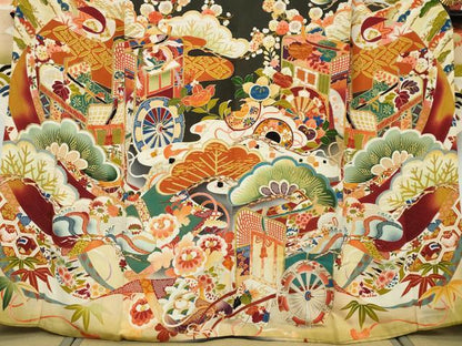 平和屋本店●アンティーク　大正ロマン　振袖　駒刺繍　御所車鳳凰草花文　黒地　正絹　逸品　DABK0301ud
