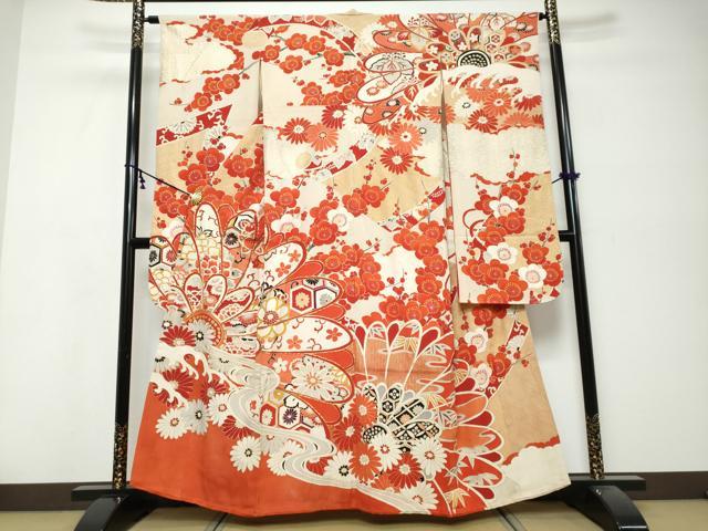 平和屋本店●アンティーク　大正ロマン　振袖　駒刺繍　草花文　金彩　正絹　逸品　DABK0302ud