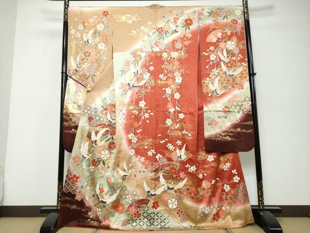 平和屋着物●谷崎潤一郎の世界　振袖　駒刺繍　扇面飛鶴花文　暈し染め　金彩　正絹　逸品　DABK0309ud