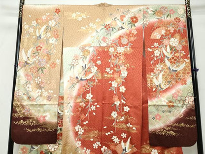平和屋着物●谷崎潤一郎の世界　振袖　駒刺繍　扇面飛鶴花文　暈し染め　金彩　正絹　逸品　DABK0309ud