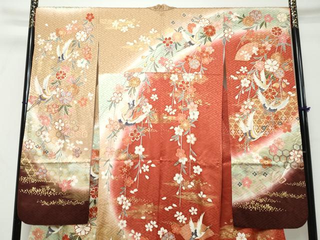 平和屋着物●谷崎潤一郎の世界　振袖　駒刺繍　扇面飛鶴花文　暈し染め　金彩　正絹　逸品　DABK0309ud