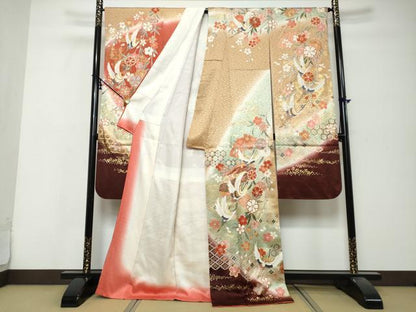 平和屋着物●谷崎潤一郎の世界　振袖　駒刺繍　扇面飛鶴花文　暈し染め　金彩　正絹　逸品　DABK0309ud
