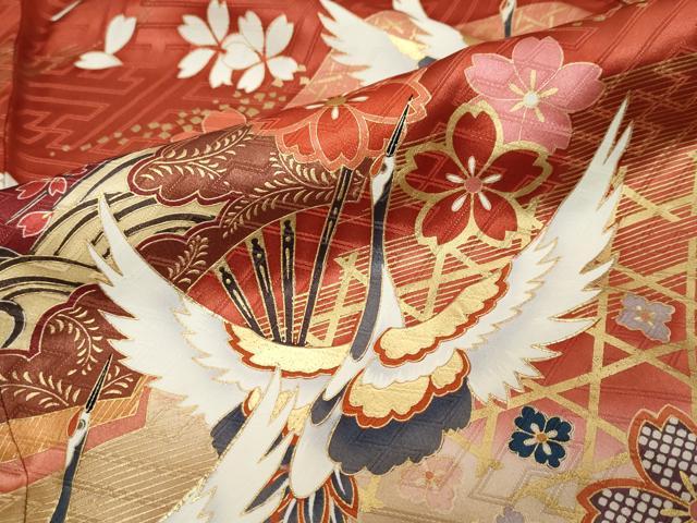 平和屋着物●谷崎潤一郎の世界　振袖　駒刺繍　扇面飛鶴花文　暈し染め　金彩　正絹　逸品　DABK0309ud