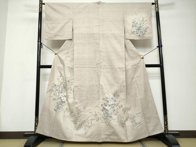 平和屋着物●訪問着　作家物　紬地　手描き　草花文　正絹　逸品　DABK0313ud