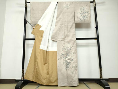 平和屋着物●訪問着　作家物　紬地　手描き　草花文　正絹　逸品　DABK0313ud