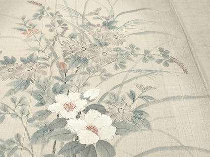 平和屋着物●訪問着　作家物　紬地　手描き　草花文　正絹　逸品　DABK0313ud