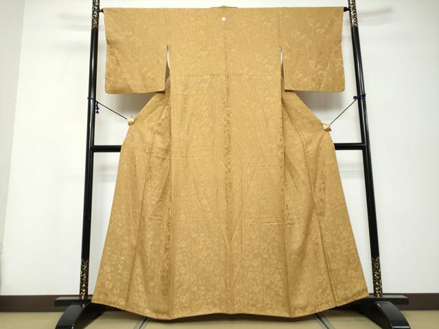 平和屋着物●上質な色無地　更紗花唐草地紋　灰茶色　正絹　逸品　DABK0318ud