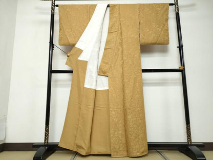 平和屋着物●上質な色無地　更紗花唐草地紋　灰茶色　正絹　逸品　DABK0318ud