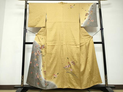 平和屋着物●訪問着　駒刺繍　扇面草花文　暈し染め　金彩　正絹　逸品　DABK0321ud