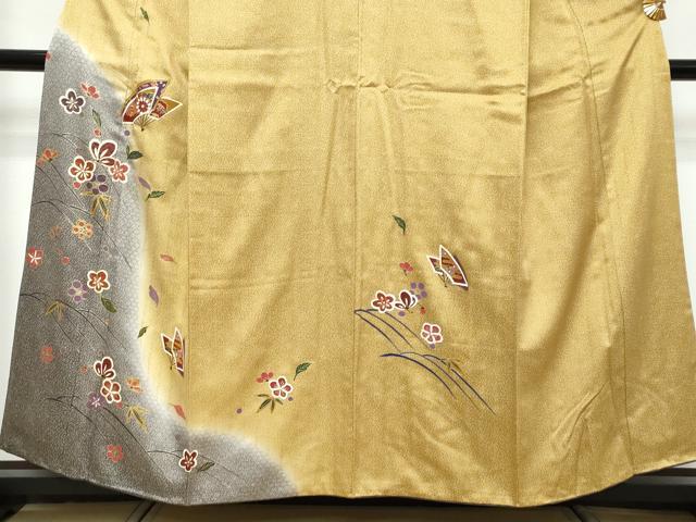 平和屋着物●訪問着　駒刺繍　扇面草花文　暈し染め　金彩　正絹　逸品　DABK0321ud