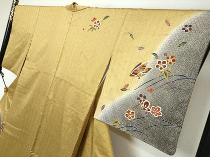平和屋着物●訪問着　駒刺繍　扇面草花文　暈し染め　金彩　正絹　逸品　DABK0321ud