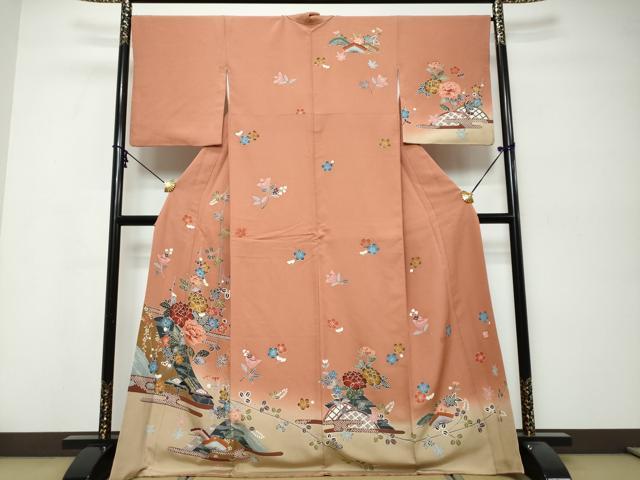 平和屋着物●訪問着　作家物　型染め　エ霞草花籬文　暈し染め　正絹　逸品　DABK0322ud
