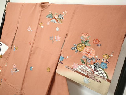 平和屋着物●訪問着　作家物　型染め　エ霞草花籬文　暈し染め　正絹　逸品　DABK0322ud