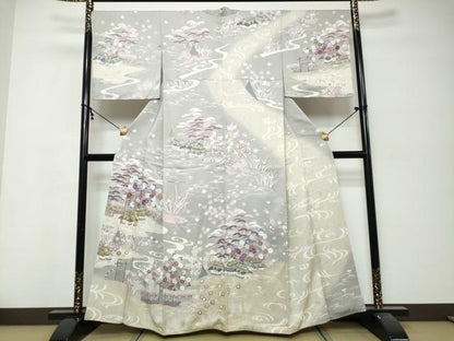 平和屋着物●訪問着　駒刺繍　流水風景草花文　暈し染め　金彩　正絹　逸品　DABK0324ud