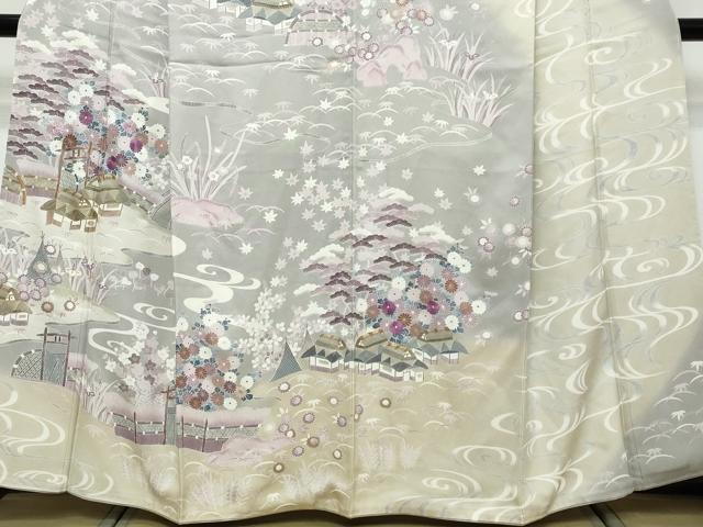 平和屋着物●訪問着　駒刺繍　流水風景草花文　暈し染め　金彩　正絹　逸品　DABK0324ud