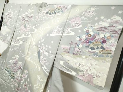 平和屋着物●訪問着　駒刺繍　流水風景草花文　暈し染め　金彩　正絹　逸品　DABK0324ud