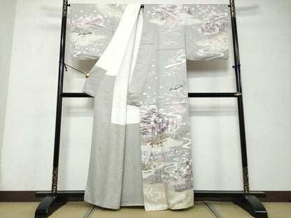 平和屋着物●訪問着　駒刺繍　流水風景草花文　暈し染め　金彩　正絹　逸品　DABK0324ud