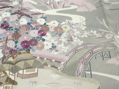平和屋着物●訪問着　駒刺繍　流水風景草花文　暈し染め　金彩　正絹　逸品　DABK0324ud
