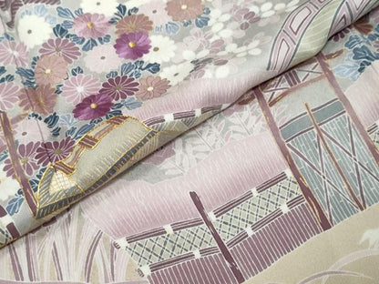 平和屋着物●訪問着　駒刺繍　流水風景草花文　暈し染め　金彩　正絹　逸品　DABK0324ud