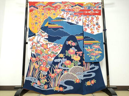 平和屋着物●和染紅型　栗山紅型　栗山吉三郎　振袖　流水草花籬文　鬼しぼ縮緬　正絹　逸品　DABK0332ud