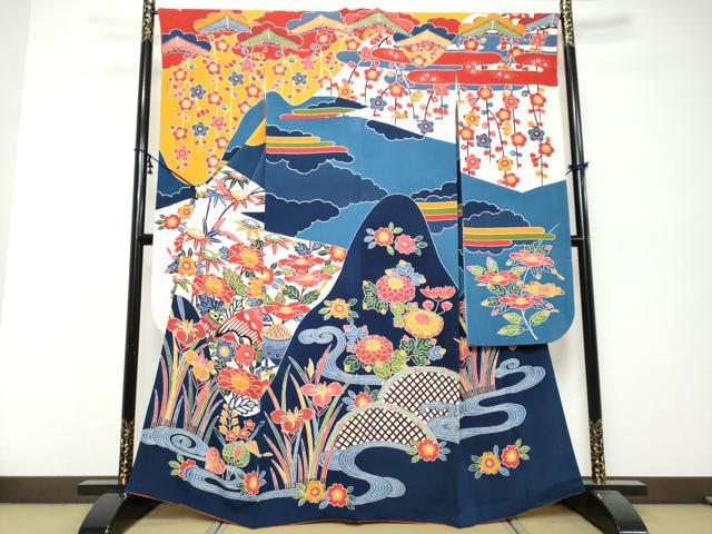 平和屋着物●和染紅型　栗山紅型　栗山吉三郎　振袖　流水草花籬文　鬼しぼ縮緬　正絹　逸品　DABK0332ud