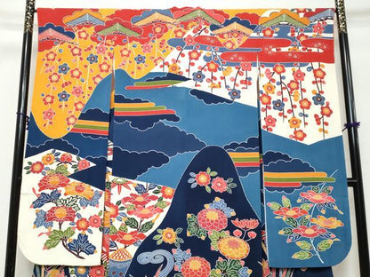 平和屋着物●和染紅型　栗山紅型　栗山吉三郎　振袖　流水草花籬文　鬼しぼ縮緬　正絹　逸品　DABK0332ud