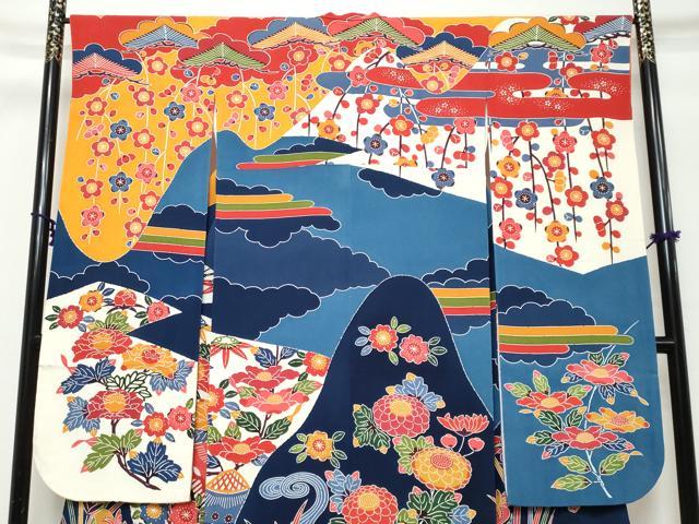 平和屋着物●和染紅型　栗山紅型　栗山吉三郎　振袖　流水草花籬文　鬼しぼ縮緬　正絹　逸品　DABK0332ud
