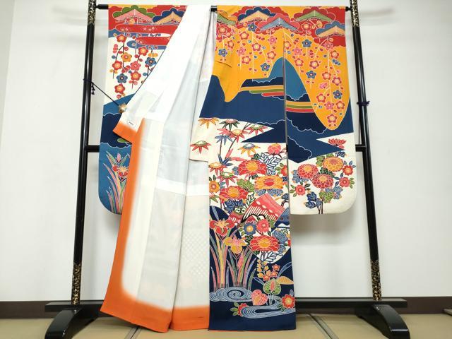 平和屋着物●和染紅型　栗山紅型　栗山吉三郎　振袖　流水草花籬文　鬼しぼ縮緬　正絹　逸品　DABK0332ud