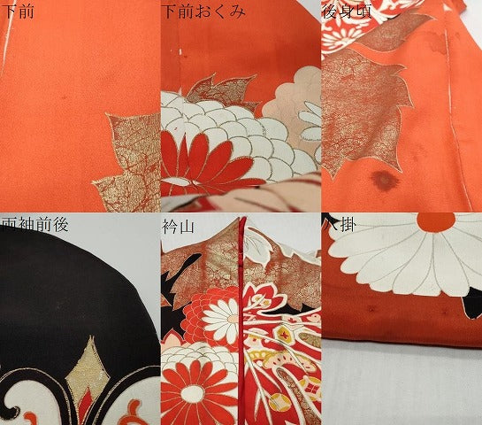 平和屋本店●アンティーク　大正ロマン　振袖　駒刺繍　草花文　金彩　正絹　逸品　DABK0335ud