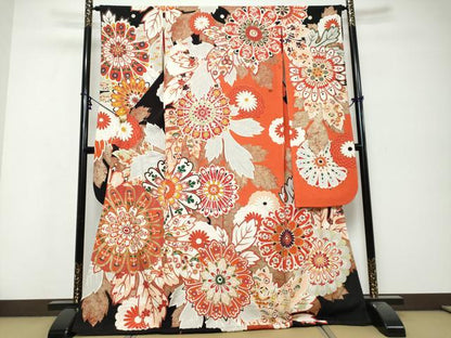 平和屋本店●アンティーク　大正ロマン　振袖　駒刺繍　草花文　金彩　正絹　逸品　DABK0335ud