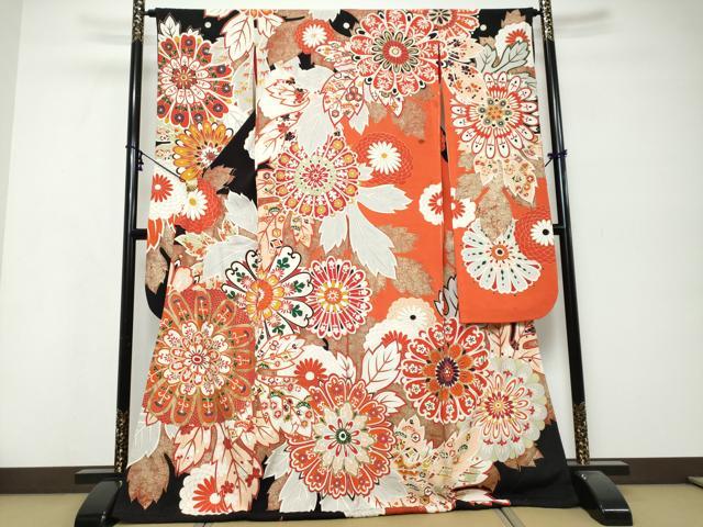 平和屋本店●アンティーク　大正ロマン　振袖　駒刺繍　草花文　金彩　正絹　逸品　DABK0335ud