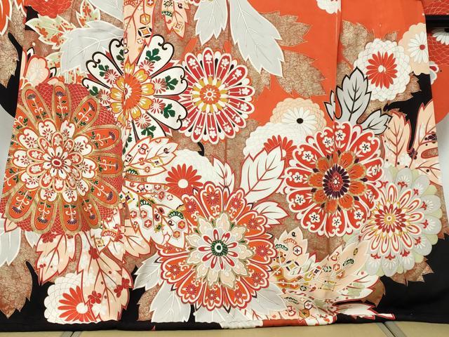 平和屋本店●アンティーク　大正ロマン　振袖　駒刺繍　草花文　金彩　正絹　逸品　DABK0335ud