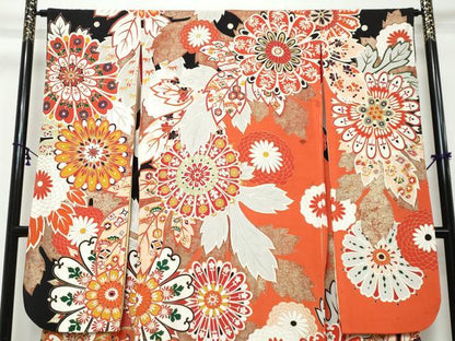 平和屋本店●アンティーク　大正ロマン　振袖　駒刺繍　草花文　金彩　正絹　逸品　DABK0335ud