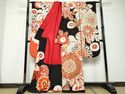 平和屋本店●アンティーク　大正ロマン　振袖　駒刺繍　草花文　金彩　正絹　逸品　DABK0335ud