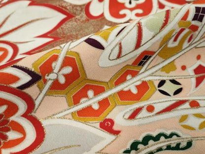 平和屋本店●アンティーク　大正ロマン　振袖　駒刺繍　草花文　金彩　正絹　逸品　DABK0335ud