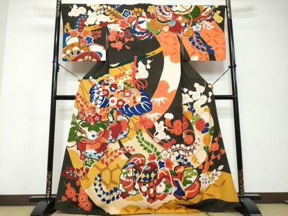 平和屋着物●アンティーク　大正ロマン　訪問着　駒刺繍　飛鶴草花文　正絹　逸品　DABK0336ud