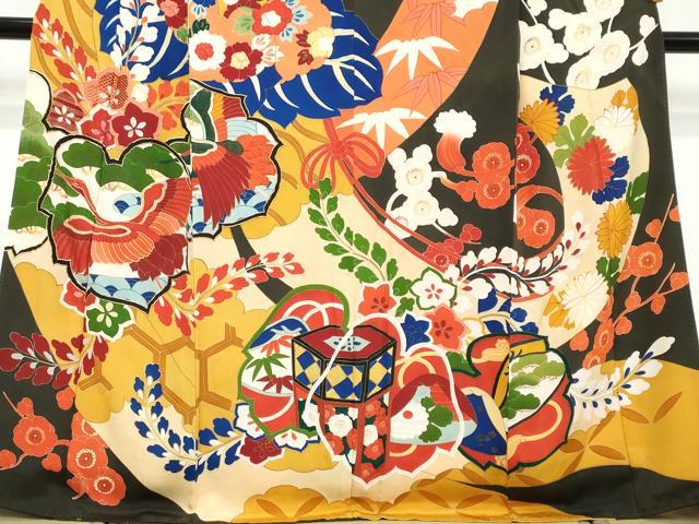 平和屋着物●アンティーク　大正ロマン　訪問着　駒刺繍　飛鶴草花文　正絹　逸品　DABK0336ud