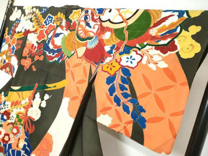 平和屋着物●アンティーク　大正ロマン　訪問着　駒刺繍　飛鶴草花文　正絹　逸品　DABK0336ud
