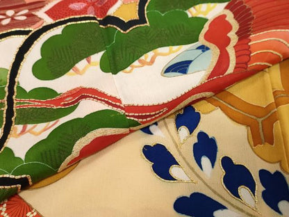 平和屋着物●アンティーク　大正ロマン　訪問着　駒刺繍　飛鶴草花文　正絹　逸品　DABK0336ud