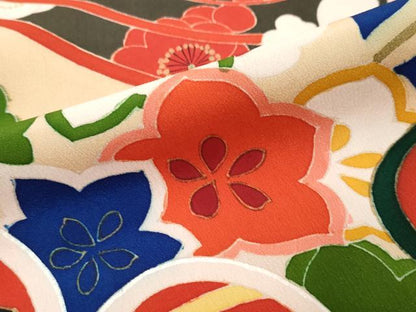 平和屋着物●アンティーク　大正ロマン　訪問着　駒刺繍　飛鶴草花文　正絹　逸品　DABK0336ud