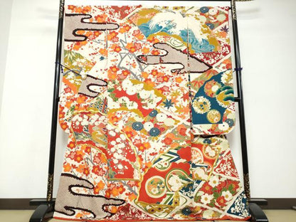 平和屋本店●アンティーク　大正ロマン　振袖　刺繍　鴛鴦草花文　金彩　正絹　逸品　DABK0337ud