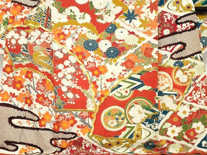 平和屋本店●アンティーク　大正ロマン　振袖　刺繍　鴛鴦草花文　金彩　正絹　逸品　DABK0337ud