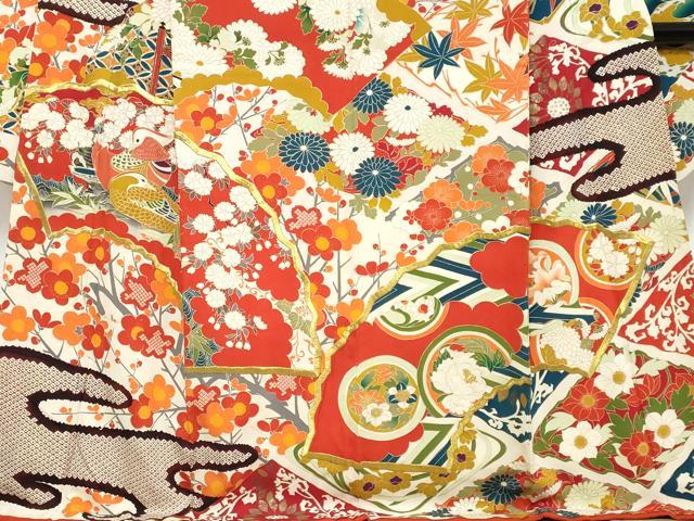平和屋本店●アンティーク　大正ロマン　振袖　刺繍　鴛鴦草花文　金彩　正絹　逸品　DABK0337ud