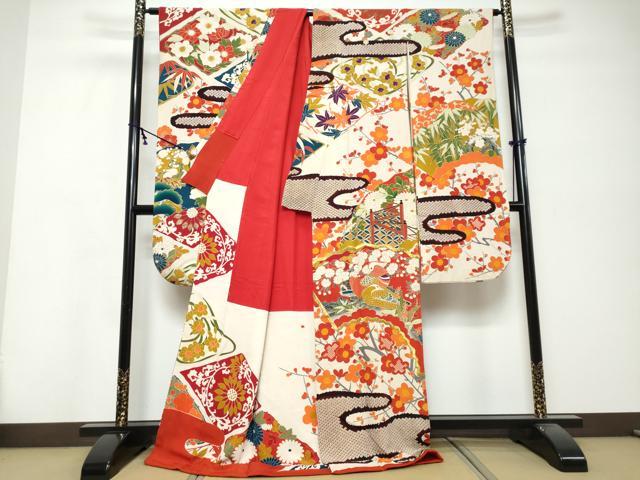 平和屋本店●アンティーク　大正ロマン　振袖　刺繍　鴛鴦草花文　金彩　正絹　逸品　DABK0337ud