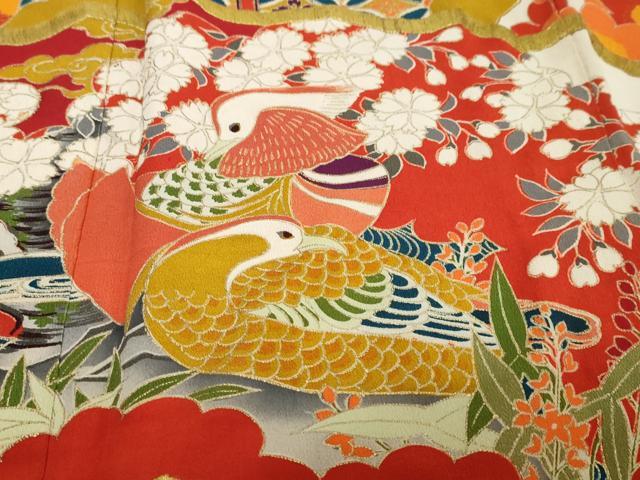 平和屋本店●アンティーク　大正ロマン　振袖　刺繍　鴛鴦草花文　金彩　正絹　逸品　DABK0337ud