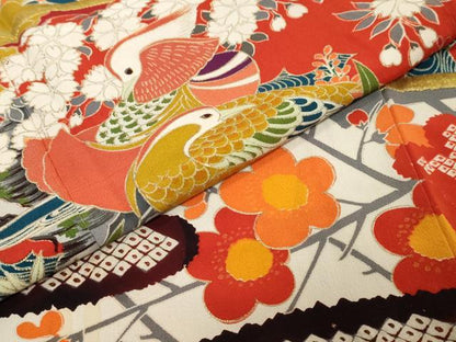 平和屋本店●アンティーク　大正ロマン　振袖　刺繍　鴛鴦草花文　金彩　正絹　逸品　DABK0337ud