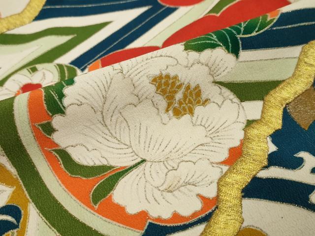 平和屋本店●アンティーク　大正ロマン　振袖　刺繍　鴛鴦草花文　金彩　正絹　逸品　DABK0337ud