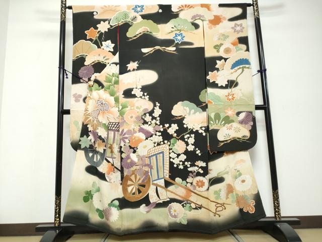 平和屋本店●アンティーク　大正ロマン　振袖　御所車草花文　暈し染め　黒地　金糸　正絹　逸品　DABK0350ud