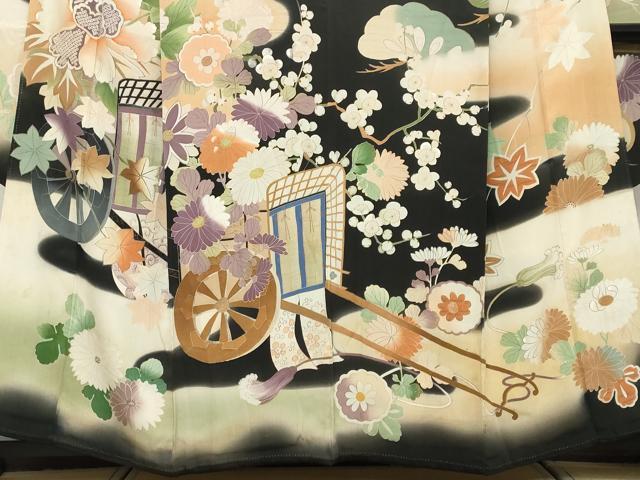 平和屋本店●アンティーク　大正ロマン　振袖　御所車草花文　暈し染め　黒地　金糸　正絹　逸品　DABK0350ud
