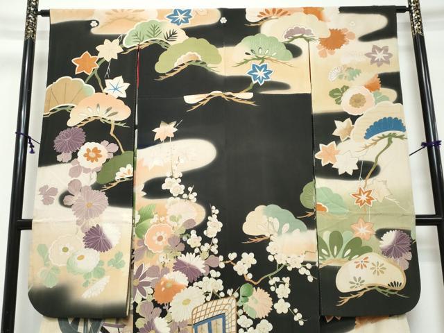 平和屋本店●アンティーク　大正ロマン　振袖　御所車草花文　暈し染め　黒地　金糸　正絹　逸品　DABK0350ud